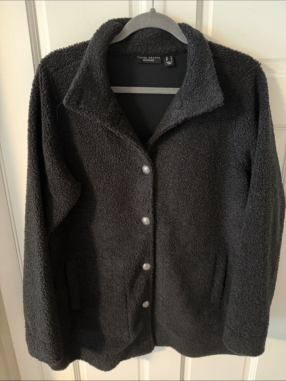 Susan Graver Weekend Black Sherpa Fleece
Button Front Jacket Coat Cozy Size M